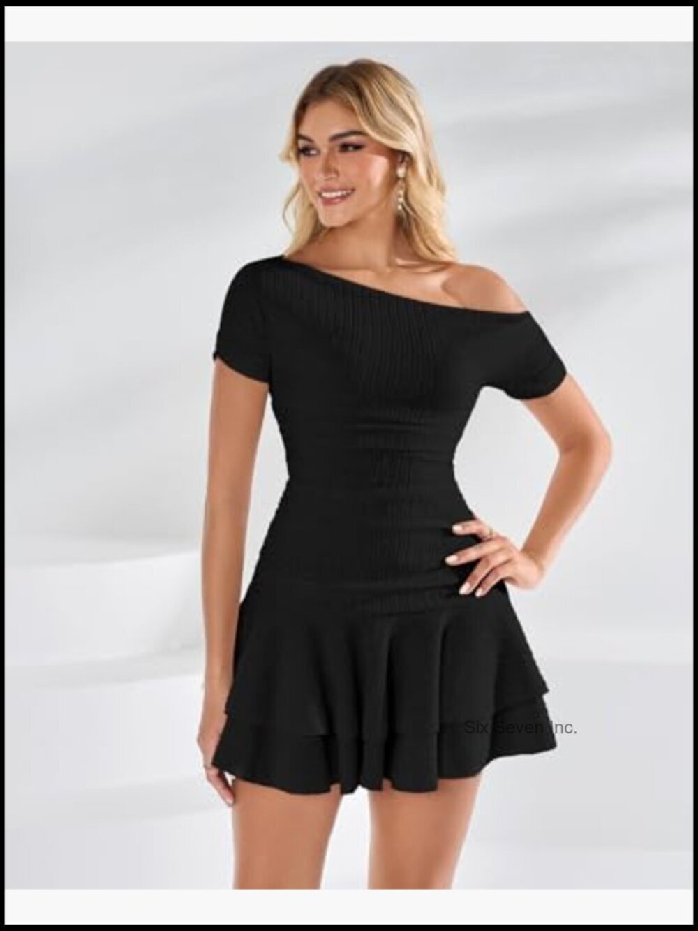 Off Shoulder Mini Dress with Ruffle Hem A-Line Fit Cocktail Party Dress - Picture 3 of 7